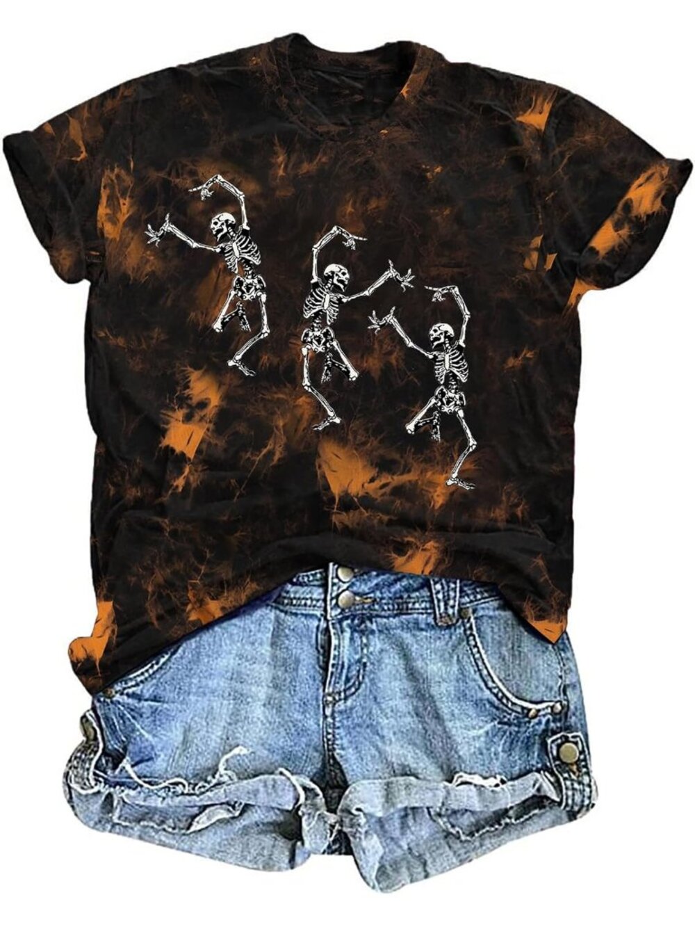 🆕 Women's Black Orange Dancing Skeleton Tie Dye Halloween Graphic Tee